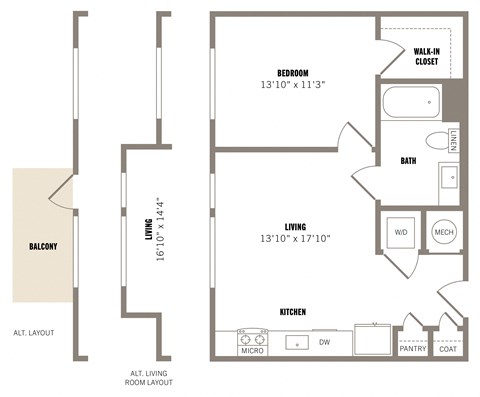 Floor plan for 1 bed, 1 bath, 619 sqft